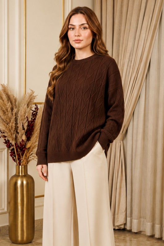 Örgü Desenli Triko Tunik R4484 Kahverengi