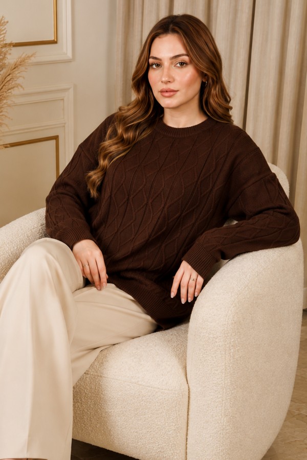 Örgü Desenli Triko Tunik R4484 Kahverengi