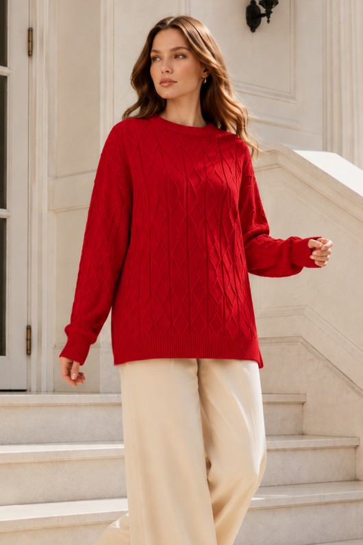 Örgü Desenli Triko Tunik R4484 Kırmızı Örgü Desenli Triko Tunik R4484 Kırmızı