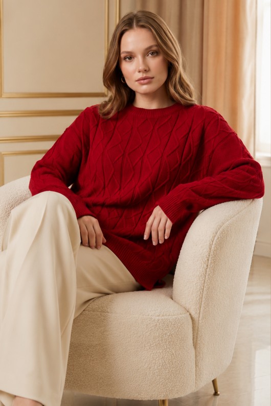 Örgü Desenli Triko Tunik R4484 Kırmızı