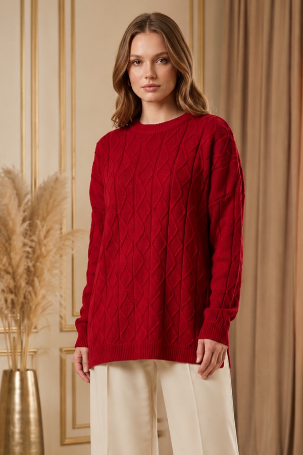 Örgü Desenli Triko Tunik R4484 Kırmızı
