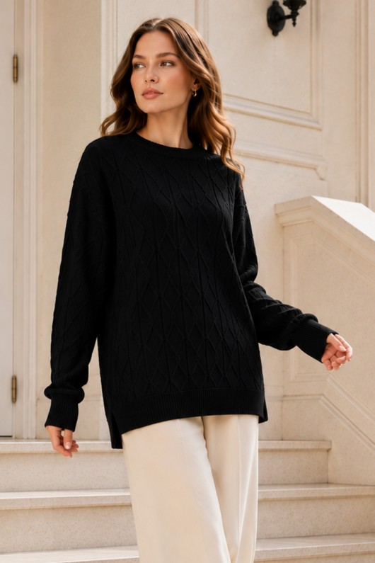 Örgü Desenli Triko Tunik R4484 Siyah