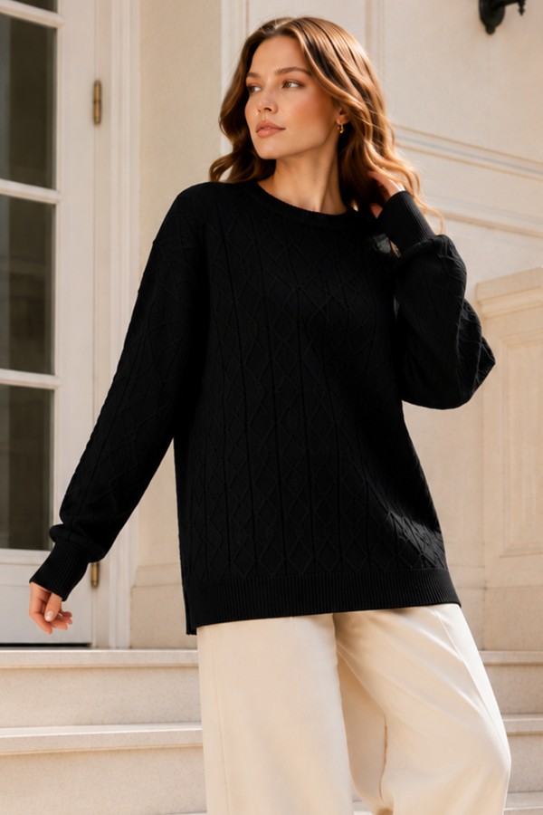 Örgü Desenli Triko Tunik R4484 Siyah
