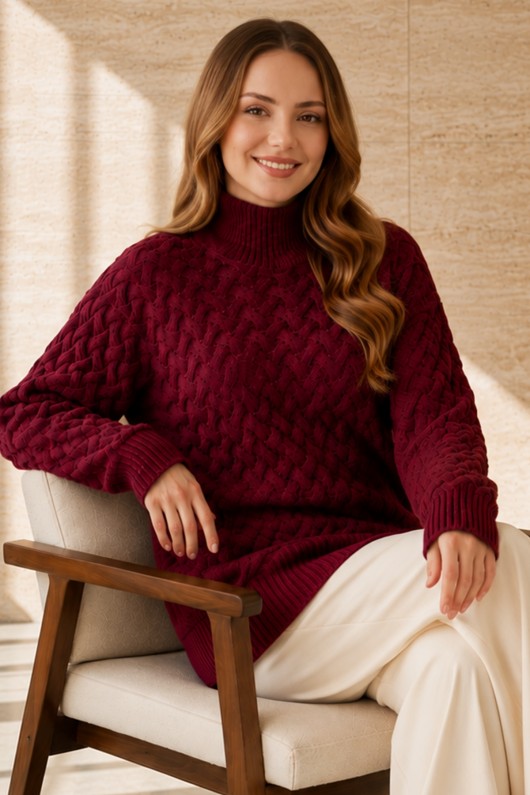 Balıkçı Yaka Triko Kazak R4518 Bordo