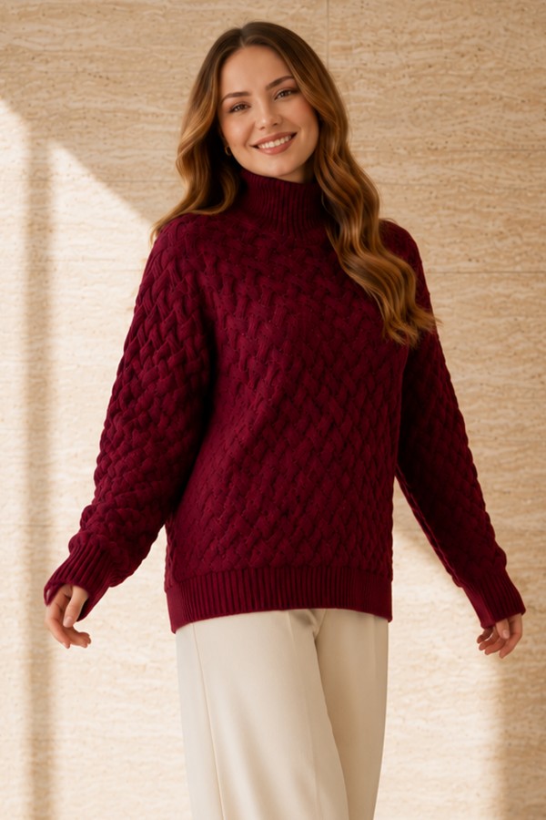 Balıkçı Yaka Triko Kazak R4518 Bordo