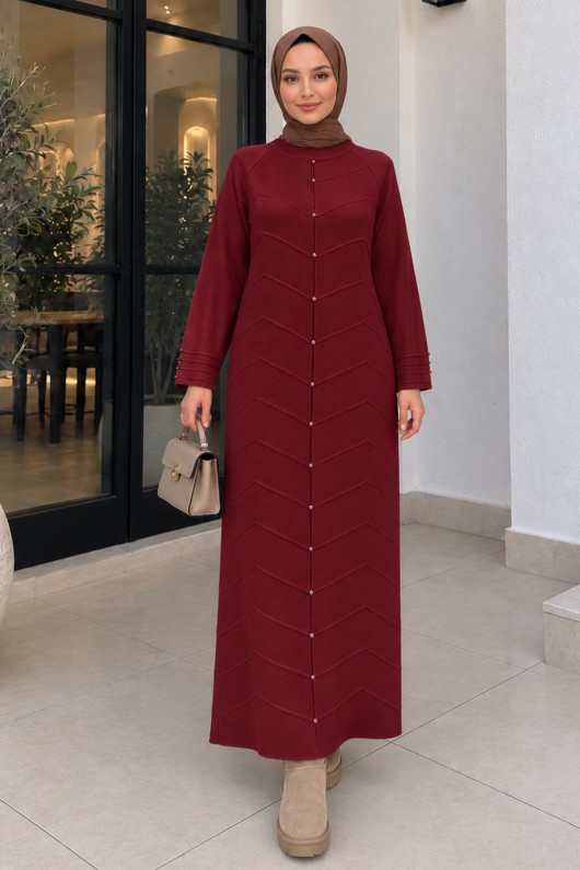 Kolları Desenli Triko Elbise K3070 Bordo