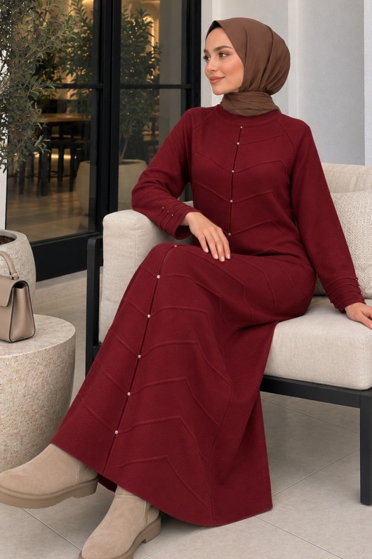 Kolları Desenli Triko Elbise K3070 Bordo Kolları Desenli Triko Elbise K3070 Bordo