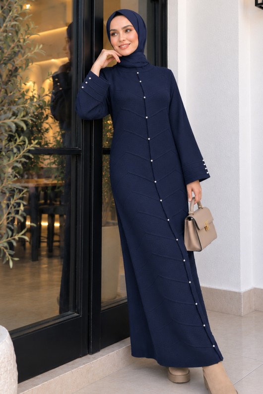 Kolları Desenli Triko Elbise K3070 Lacivert