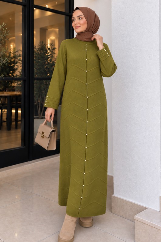 Kolları Desenli Triko Elbise K3070 Yağ Yeşili