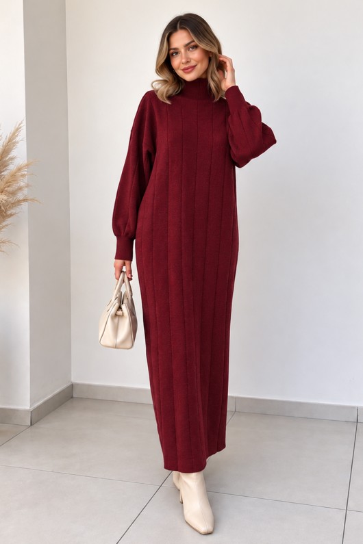 Dik Yaka Fitilli Triko Elbise K3051 Bordo Dik Yaka Fitilli Triko Elbise K3051 Bordo