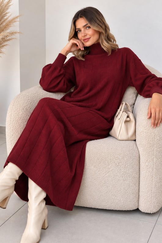 Dik Yaka Fitilli Triko Elbise K3051 Bordo Dik Yaka Fitilli Triko Elbise K3051 Bordo