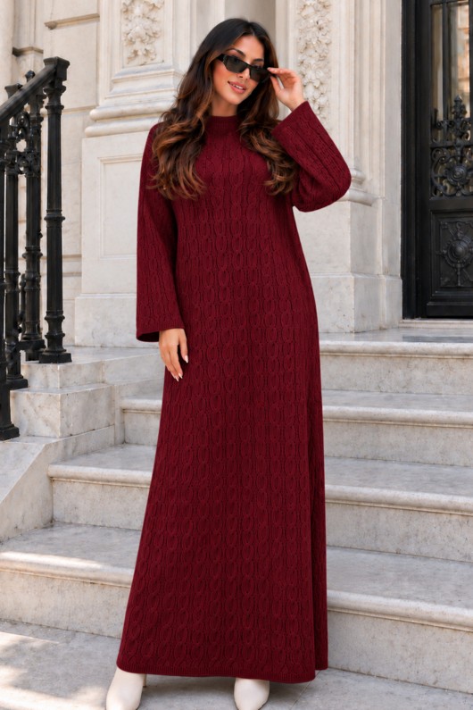 Örgü Desenli Triko Elbise K3031 Bordo