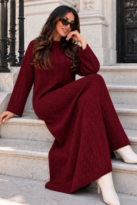 Örgü Desenli Triko Elbise K3031 Bordo
