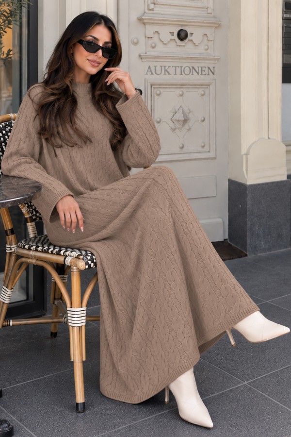 Örgü Desenli Triko Elbise K3031 Vizon