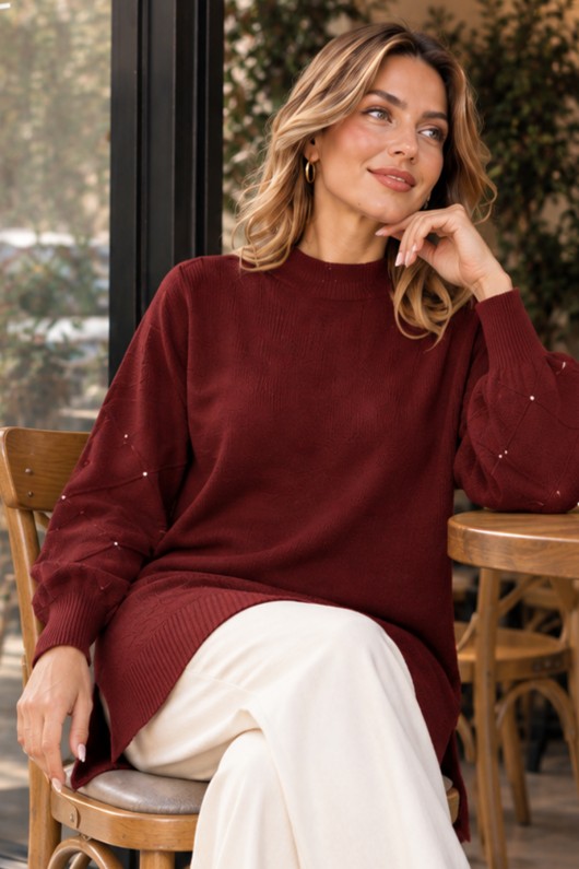 Kolları Taş Detaylı Triko Kazak K6033 Bordo Kolları Taş Detaylı Triko Kazak K6033 Bordo