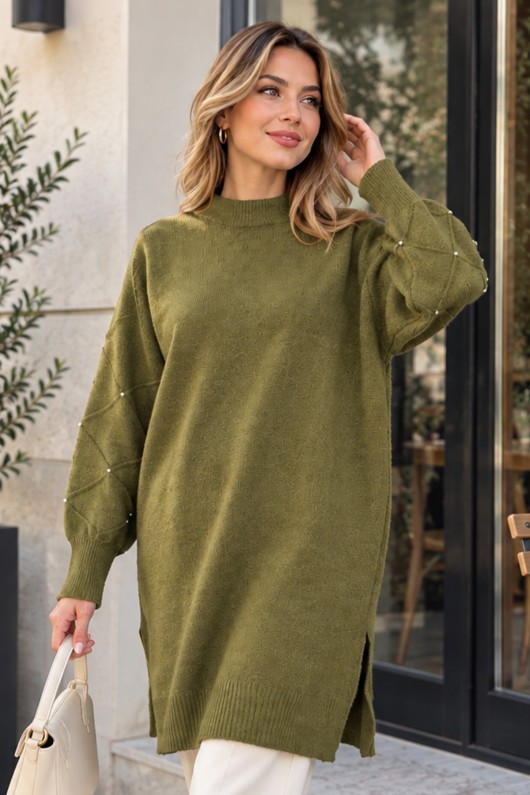 Kolları Taş Detaylı Triko Kazak K6033 Haki Kolları Taş Detaylı Triko Kazak K6033 Haki