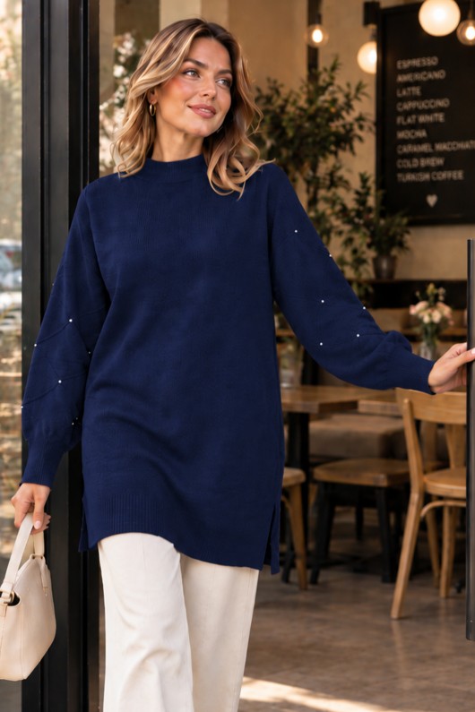 Kolları Taş Detaylı Triko Kazak K6033 Lacivert Kolları Taş Detaylı Triko Kazak K6033 Lacivert