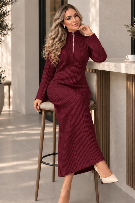 Yakası Fermuarlı Fitilli Triko Elbise K3018 Bordo
