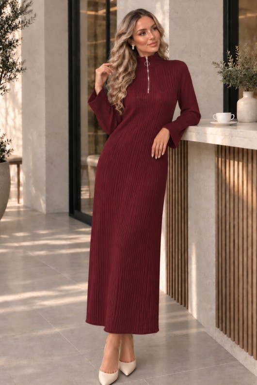 Yakası Fermuarlı Fitilli Triko Elbise K3018 Bordo