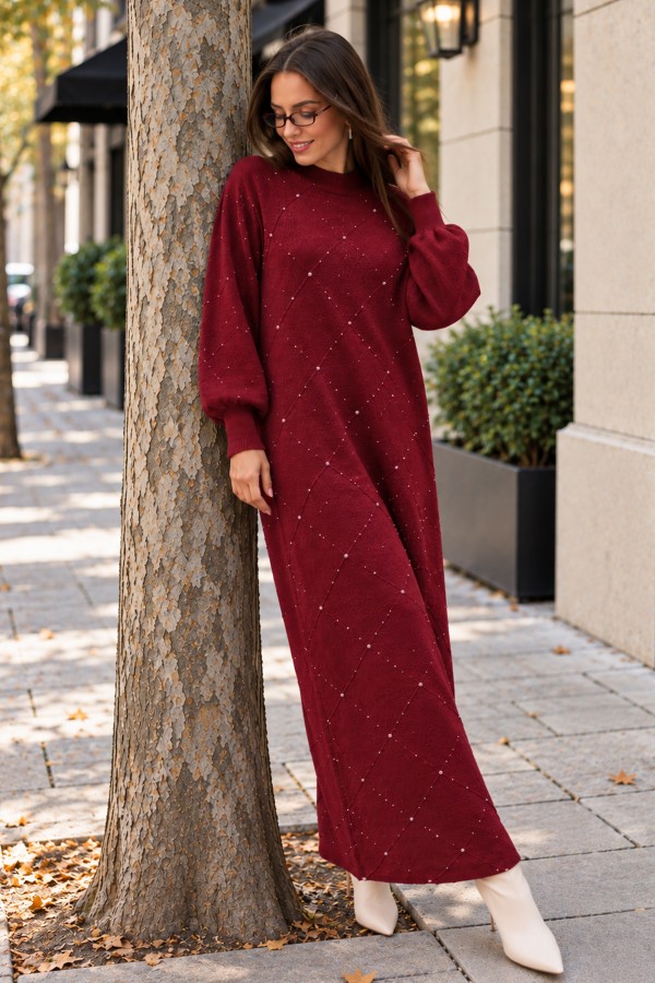 Taş İşlemeli Triko Elbise K3071 Bordo Taş İşlemeli Triko Elbise K3071 Bordo