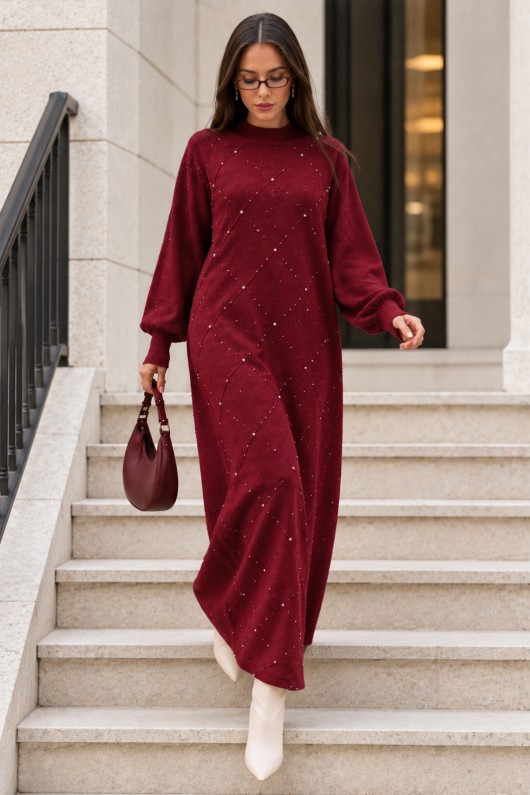 Taş İşlemeli Triko Elbise K3071 Bordo