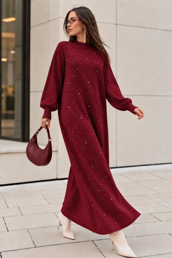 Taş İşlemeli Triko Elbise K3071 Bordo Taş İşlemeli Triko Elbise K3071 Bordo