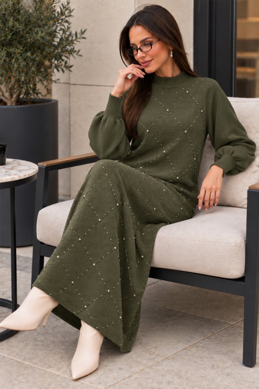 Taş İşlemeli Triko Elbise K3071 Haki