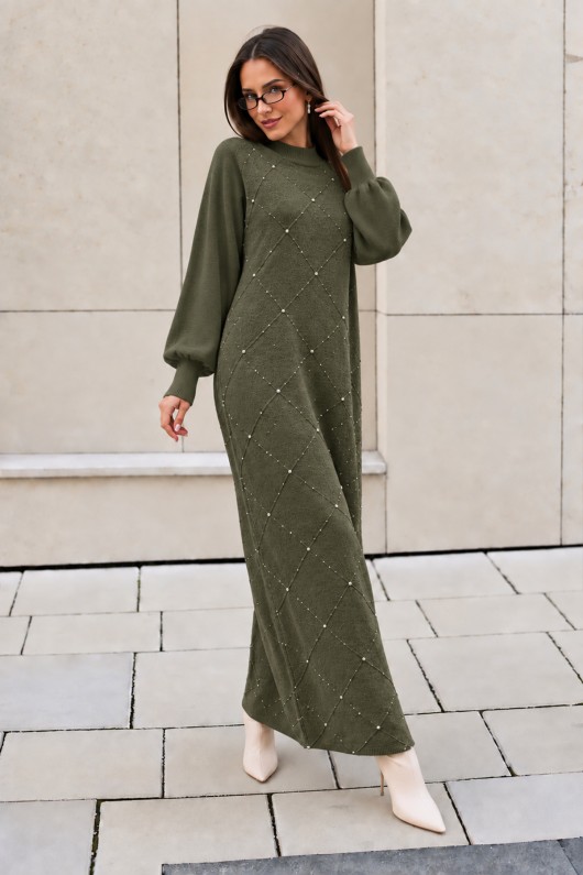 Taş İşlemeli Triko Elbise K3071 Haki