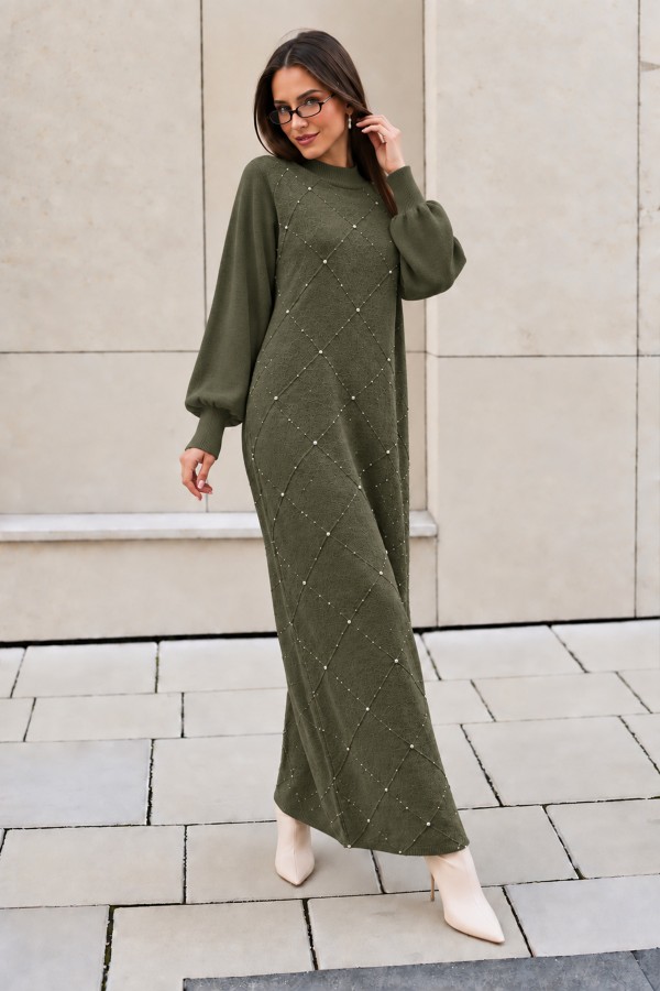 Taş İşlemeli Triko Elbise K3071 Haki