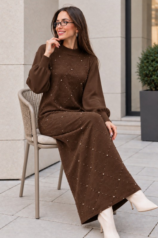 Taş İşlemeli Triko Elbise K3071 Kahverengi