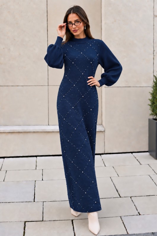 Taş İşlemeli Triko Elbise K3071 Lacivert