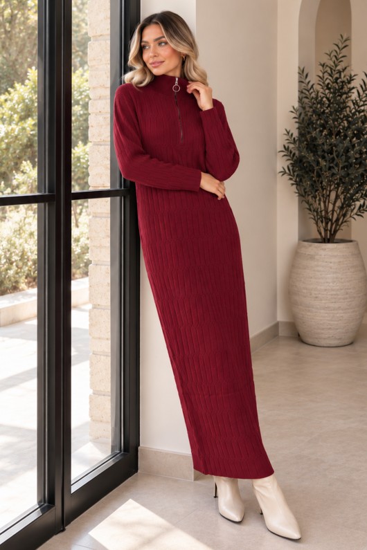 Yakası Fermuarlı Triko Elbise K3055 Bordo