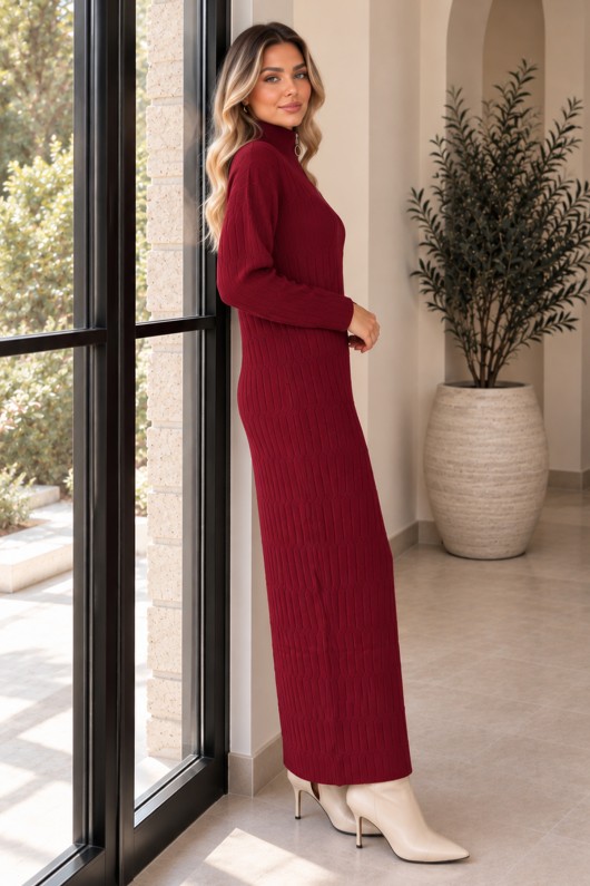 Yakası Fermuarlı Triko Elbise K3055 Bordo