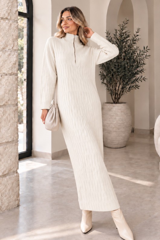 Yakası Fermuarlı Triko Elbise K3055 Ekru