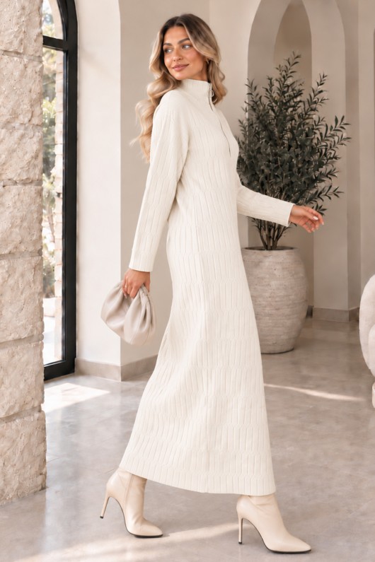 Yakası Fermuarlı Triko Elbise K3055 Ekru