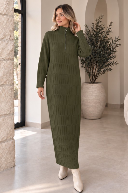 Yakası Fermuarlı Triko Elbise K3055 Haki