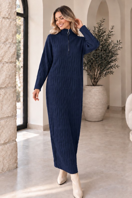 Yakası Fermuarlı Triko Elbise K3055 Lacivert
