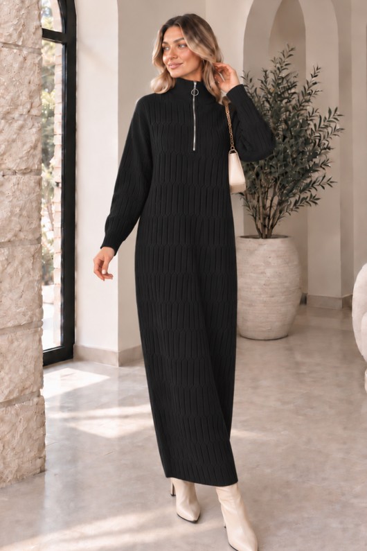 Yakası Fermuarlı Triko Elbise K3055 Siyah
