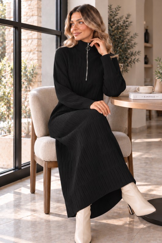 Yakası Fermuarlı Triko Elbise K3055 Siyah