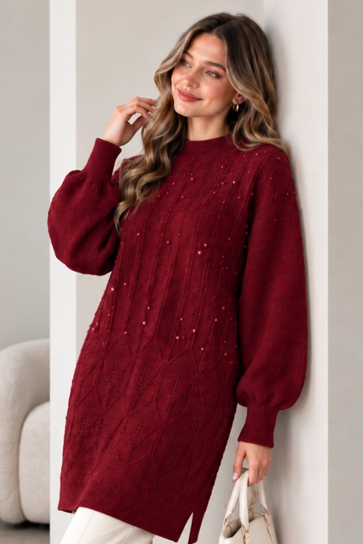 Taşlı Triko Kazak K6041 Bordo Taşlı Triko Kazak K6041 Bordo