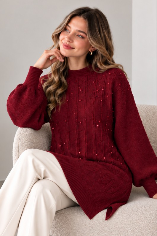Taşlı Triko Kazak K6041 Bordo