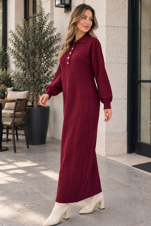 Yakası Düğmeli Triko Elbise K3072 Bordo