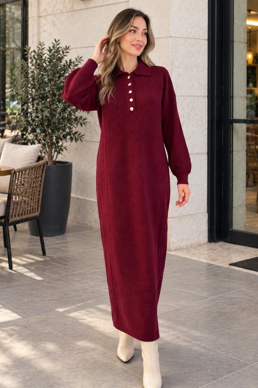 Yakası Düğmeli Triko Elbise K3072 Bordo