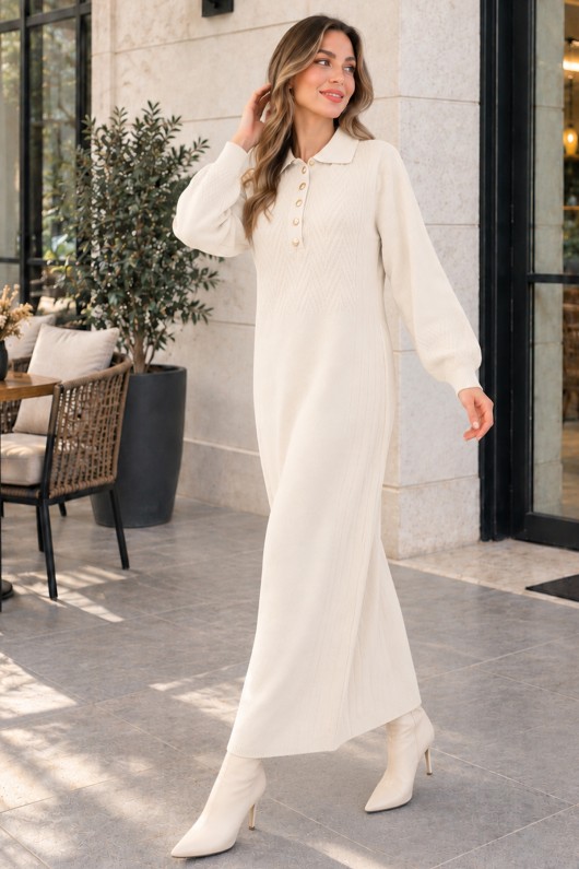 Yakası Düğmeli Triko Elbise K3072 Ekru