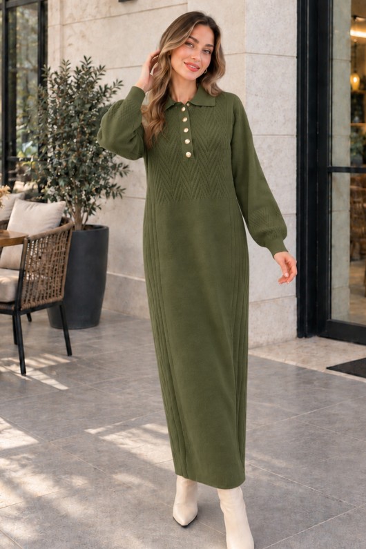 Yakası Düğmeli Triko Elbise K3072 Haki