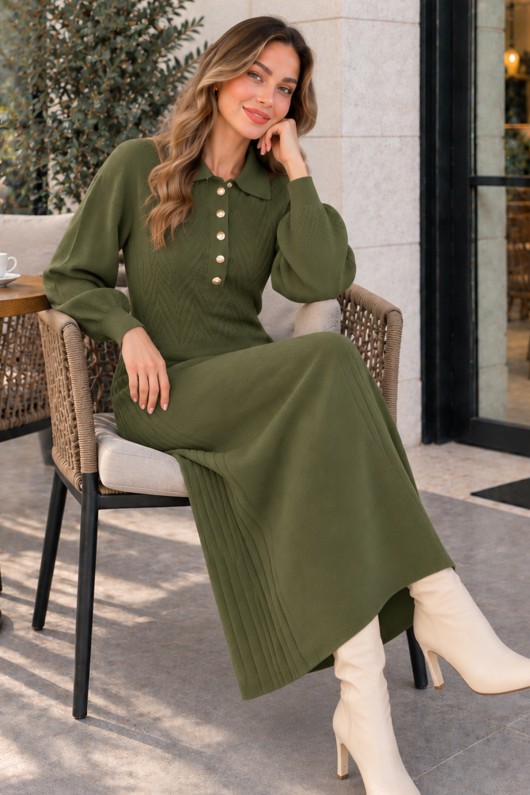 Yakası Düğmeli Triko Elbise K3072 Haki