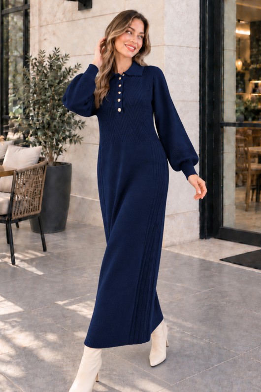 Yakası Düğmeli Triko Elbise K3072 Lacivert