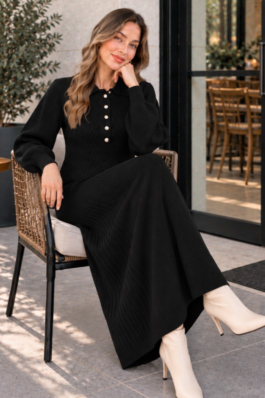 Yakası Düğmeli Triko Elbise K3072 Siyah
