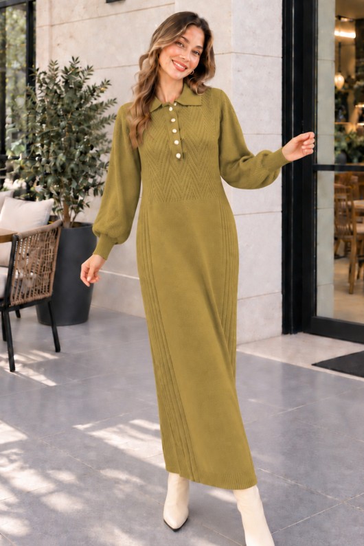 Yakası Düğmeli Triko Elbise K3072 Yağ Yeşili
