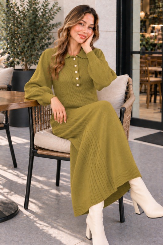 Yakası Düğmeli Triko Elbise K3072 Yağ Yeşili